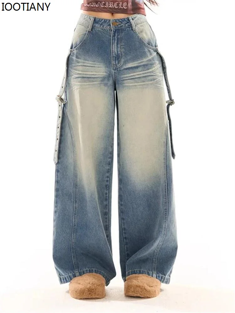 

Vintage American Street Casual Wide Leg Pants Women's High Waist Tie Dyed Light Blue Jeans Female Loose Straight Denim Trousers