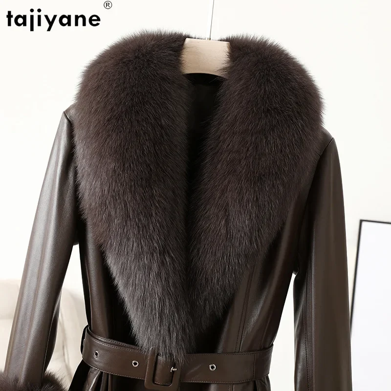 Tajeyane-Chaqueta de piel auténtica para mujer, abrigo largo de piel de oveja con cuello de piel de zorro de lujo, 2023, invierno, 100%