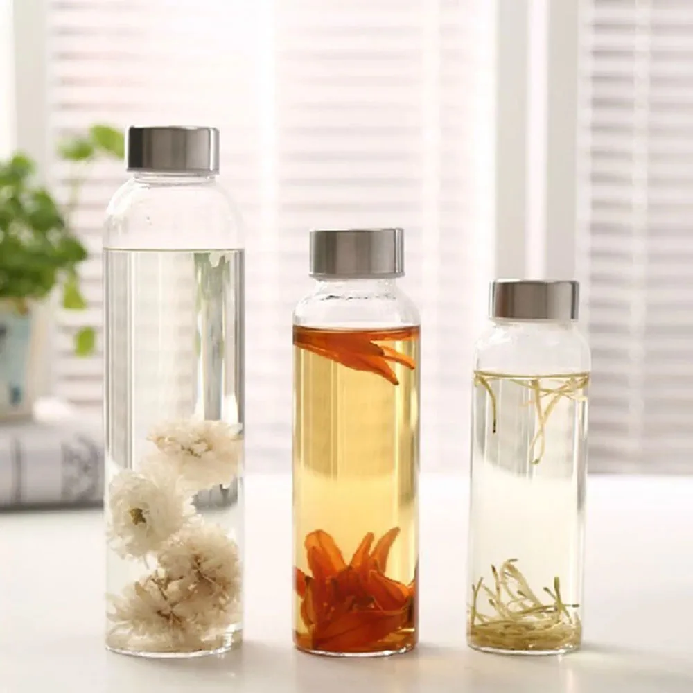 1 قطعة زجاجة ماء زجاجية 360 مللي/420 مللي/550 مللي زجاجة رياضية مع غطاء من الفولاذ المقاوم للصدأ وحقيبة واقية زجاجة شرب للسفر خالية من مادة BPA