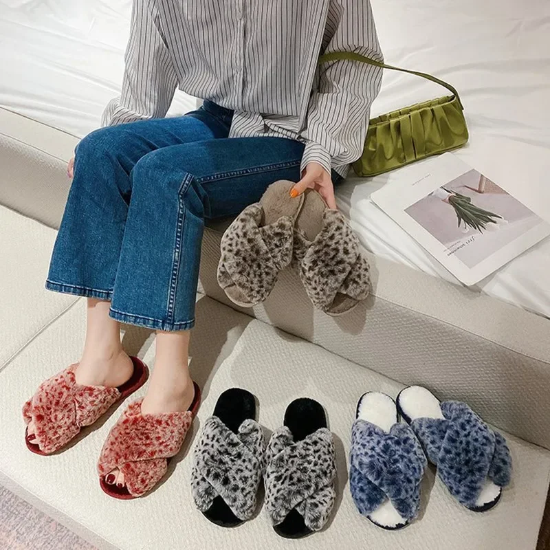 Winter Women Slippers Home Cotton Shoes Furry Warm Faux Fur Fashion Cozy Indoor Floor Slides Slip on Leopard Luxury Shoes Female