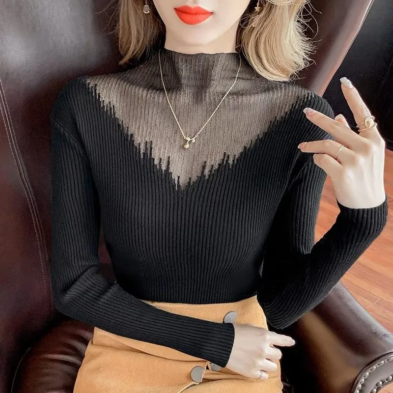 Women Thickened Turtleneck Sweater Knitted Bottoming Shirt Autumn and Winter Fashion Mesh Stitching Pullover Fashion Tops