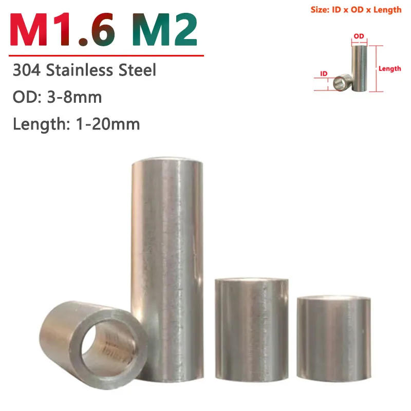 M1.6 M2 304 Stainless Steel Bushing Washer Gasket Unthreaded Round Hollow Standoff Spacer Sleeve OD 3-8mm Length 1-20mm