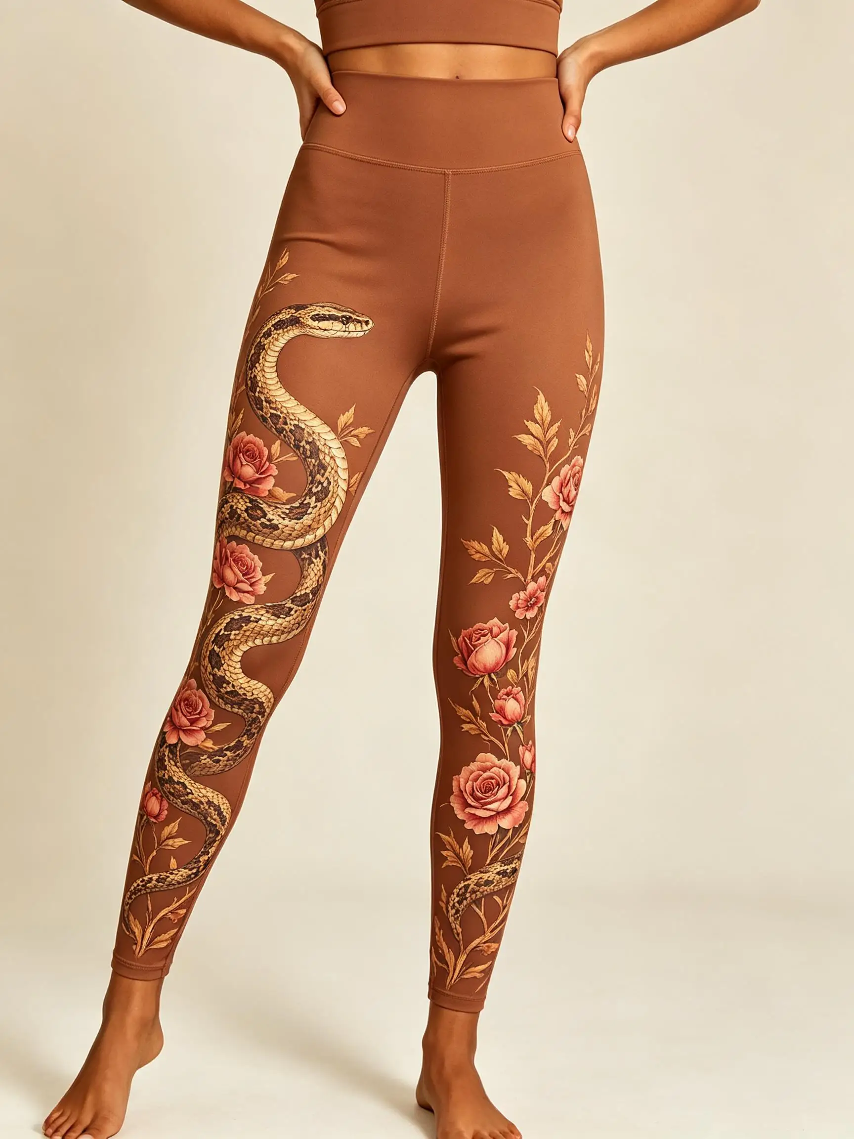 Fleece‑lined Mid‑rise Women Leggings Golden Python Snake Red Rose Floral Vine Tattoo Side‑leg Print Stretch Bohemian  Pants
