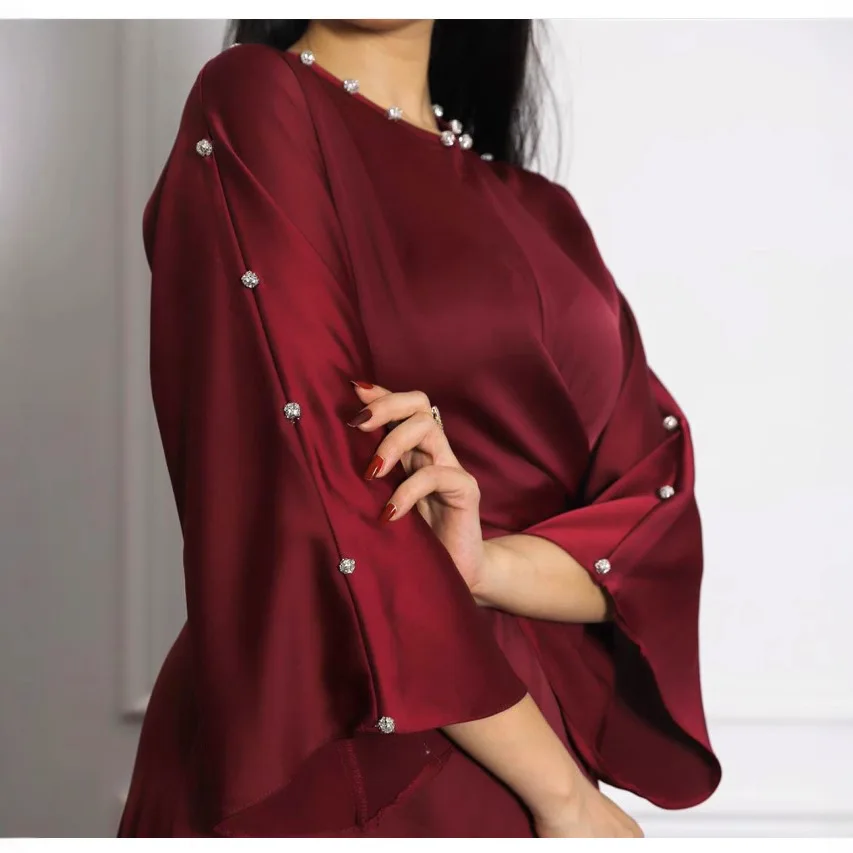 Sukienka maxi z satyny w stylu arabskim z Dubaju, na Bliski Wschód, z falbankami na rękawach, elegancka, jednolita, z koralikami, długa, dla muzułmanek.