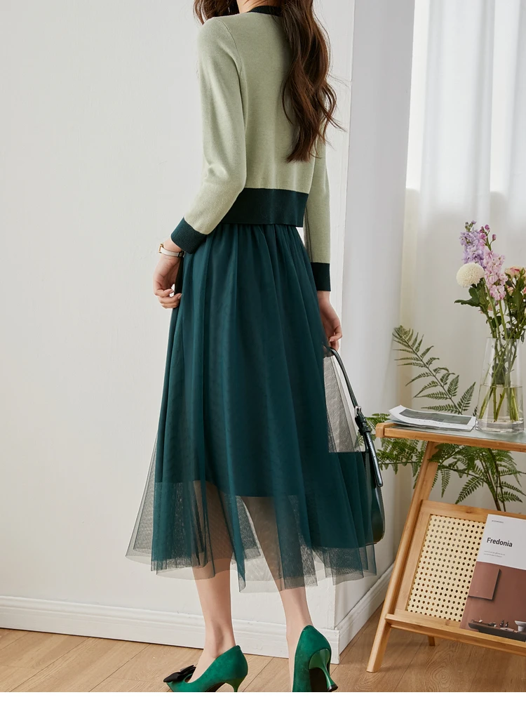 Vimly Korean Fashion Two Piece Sets Green Knitted Cardigan and Midi Mesh Skirt Womens Spring 2 Piece Outfits Matching Set M3386