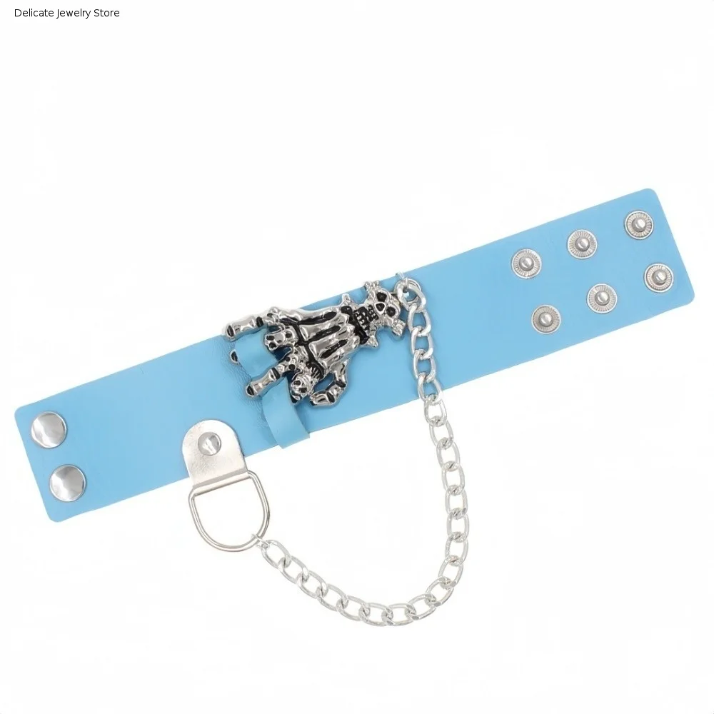 Dark Style Gothic Punk PU Leather Bracelet Adjustable Solid Color Skull Wristband Unique Creative Wide Chain Bracelet Unisex