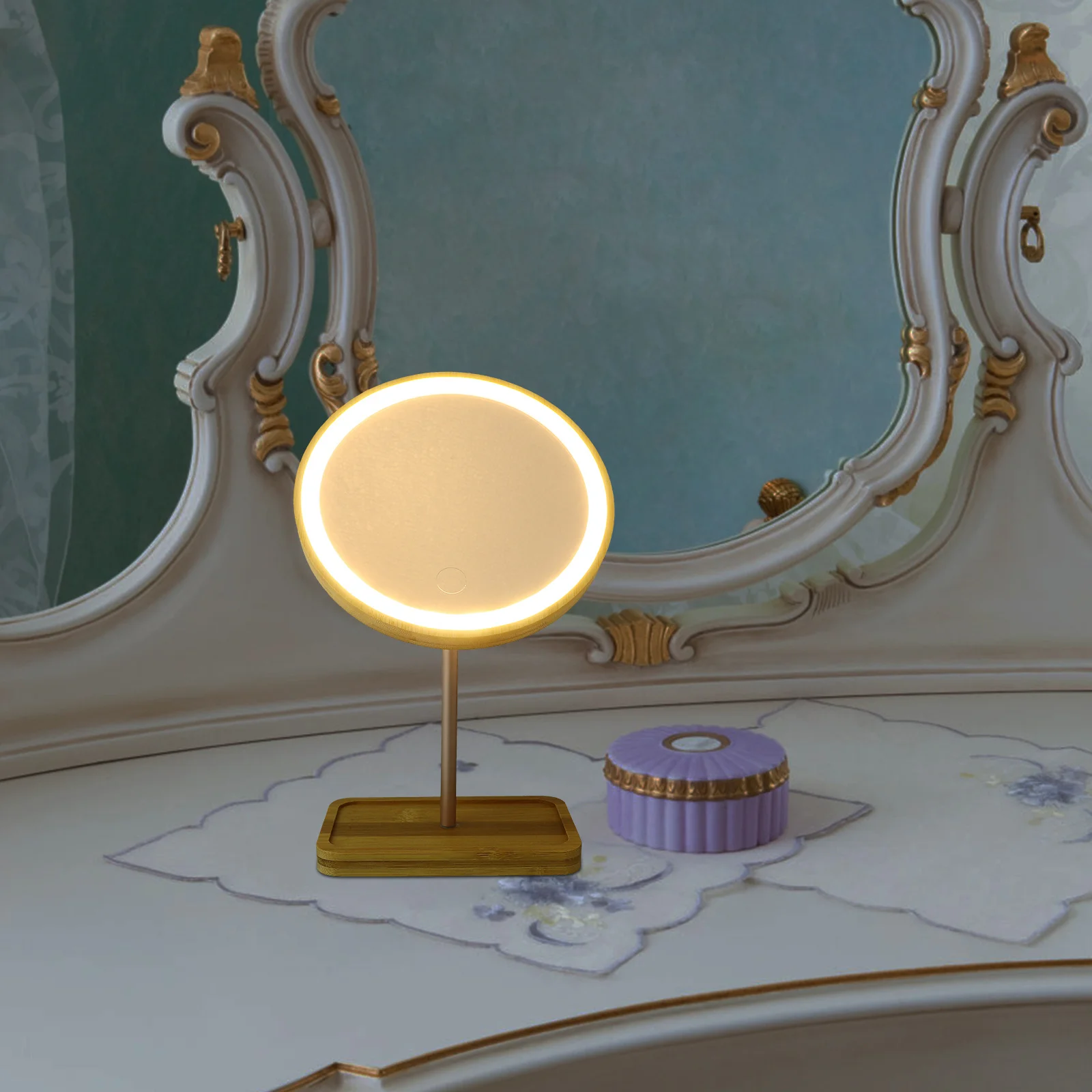 Specchio per trucco da 1 pezzo con luce a LED Specchio cosmetico da tavolo in legno per bagno Camera da letto Uso da tavolo Design del vassoio portaoggetti