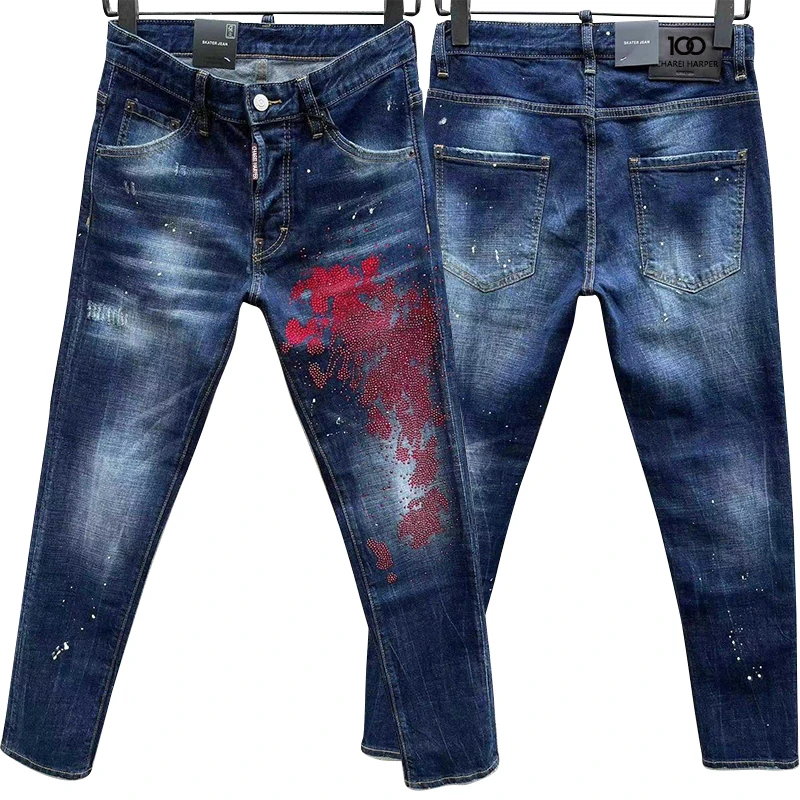 100 chareiharper c062  Ripped fashion men's denim pants quadratic personality small straight feet fashion jeans