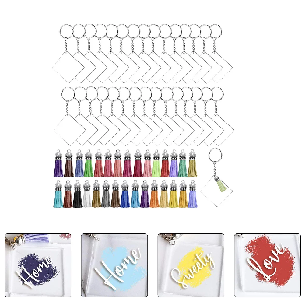 

1set Acrylic Keychain DIY Material Square Pendant Accessories Keychains Decor Creative Tassel Hanging Keychain Set