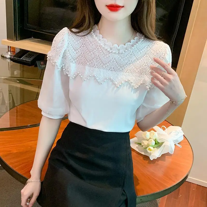 Fashion Ruffled Neck Lace Beading Puff Sleeve Blouses Women Clothing 2024 Summer New Loose Korean Tops Sweet Solid Color Shirts