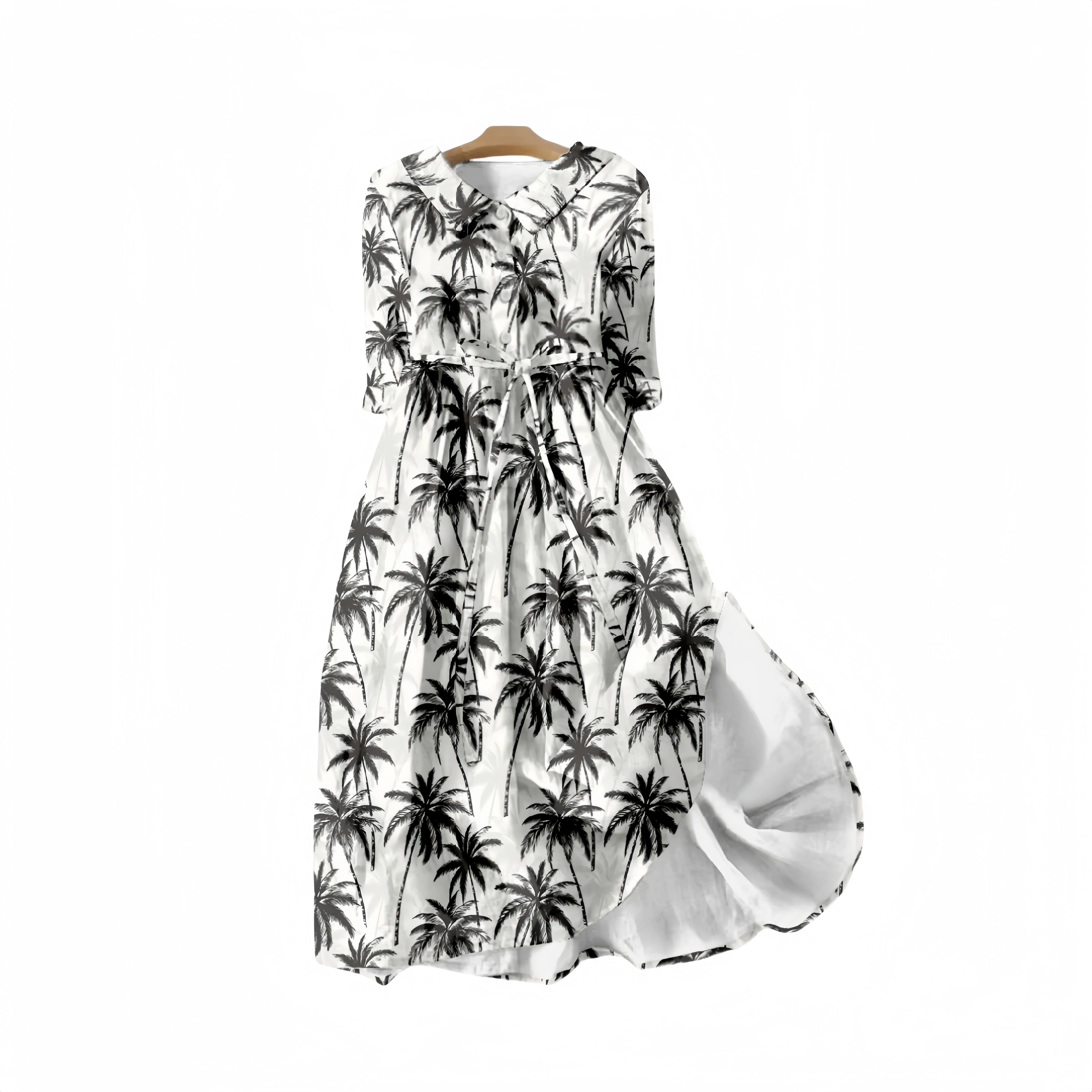 Hawaiian Beach Coconut Trees Patttem Vacation Women's V Neck Swing Long Dress Floral Short Sleeve Waist Flowy Party Dress