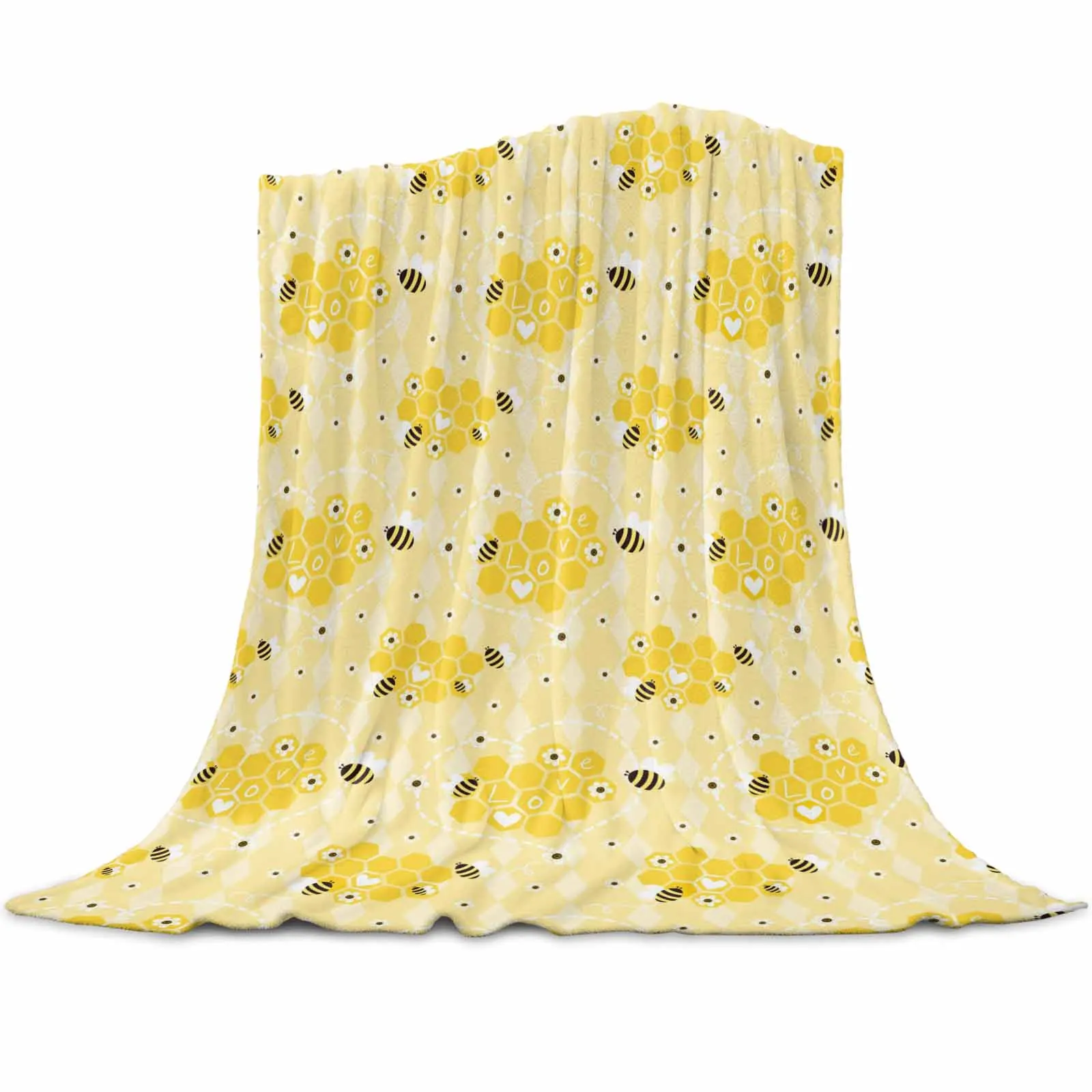 

Cute Yellow Bee Honeycomb Love Throws Blankets for Sofa Bed Winter Soft Plush Warm Sofa Throw Blanket Holiday Gifts