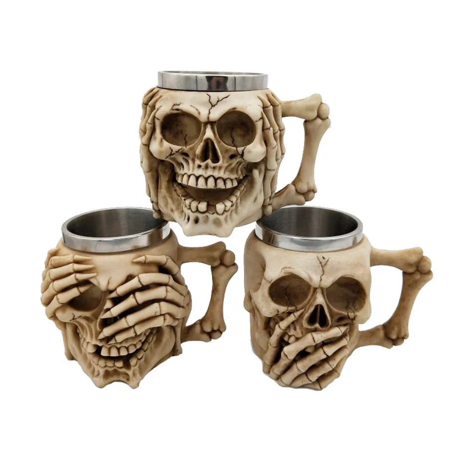 

Halloween gift stainless steel skull coffee mug Teacups 3D skull styling