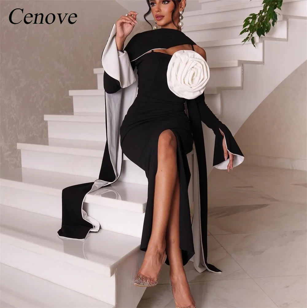 

Cenove Square Collar Prom Dress Ankle-Length With Long Sleeves 3D Flowers Evening Summer Elegant Party Dress For Women