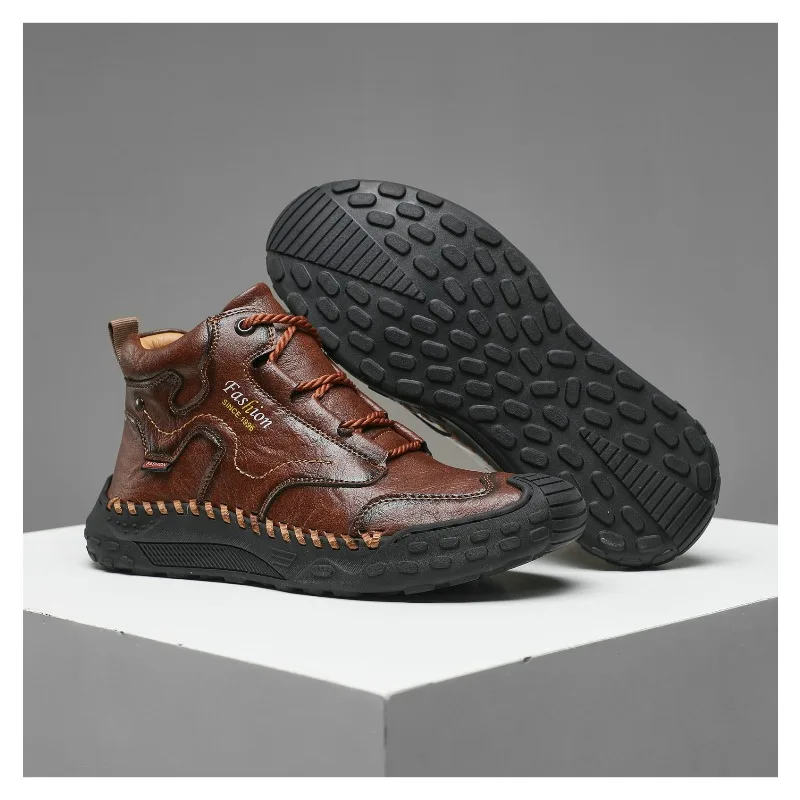 남성용 핸드 스티치 부츠 플러스 사이즈 캐주얼 스포츠 신발 편안한 부드러운 발목 부츠 야외 미끄럼 방지 남성 작업화