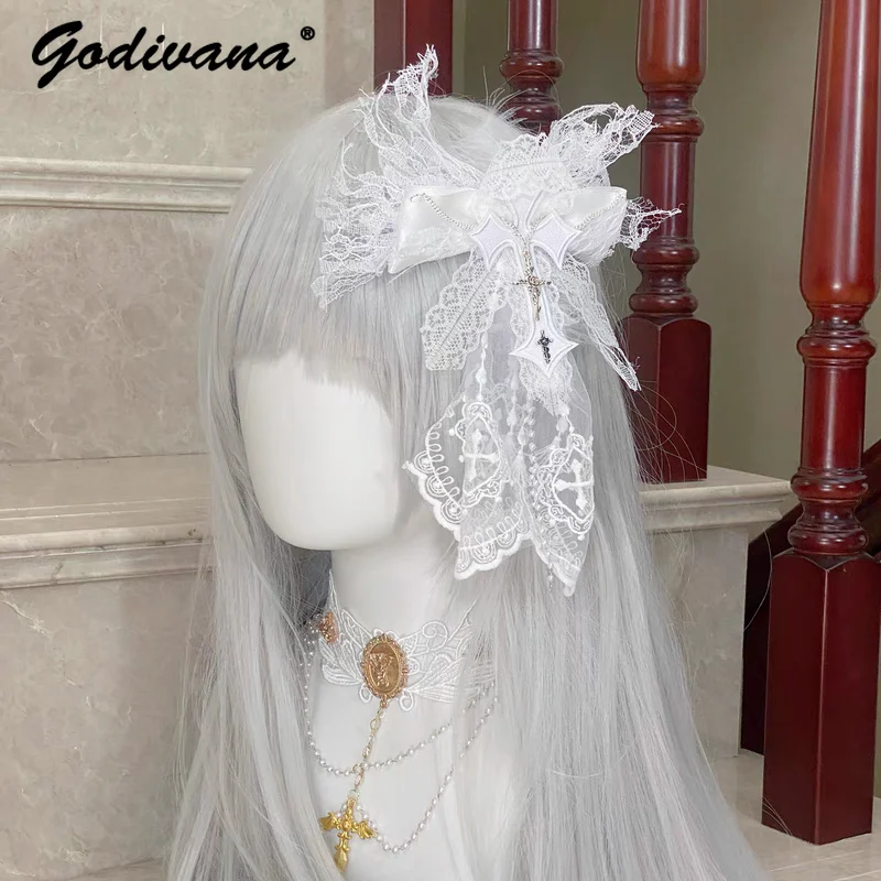 Japanese Style Mine Pure White Cross Golden Lolita Flower Pill Side Clip Girl Women's Lolita Lace Hair Clip Barrettes