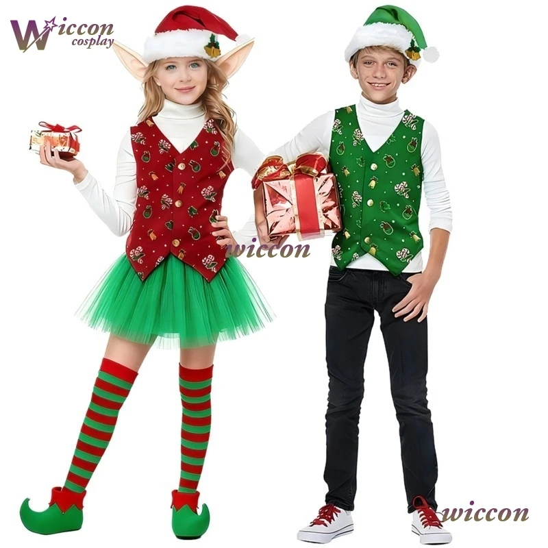 

WuHu, рождественская милая детская одежда, одежда эльфа, косплей, юбка унисекс, полный комплект, детский костюм, зеленый наряд на Хэллоуин, новогодний ролик