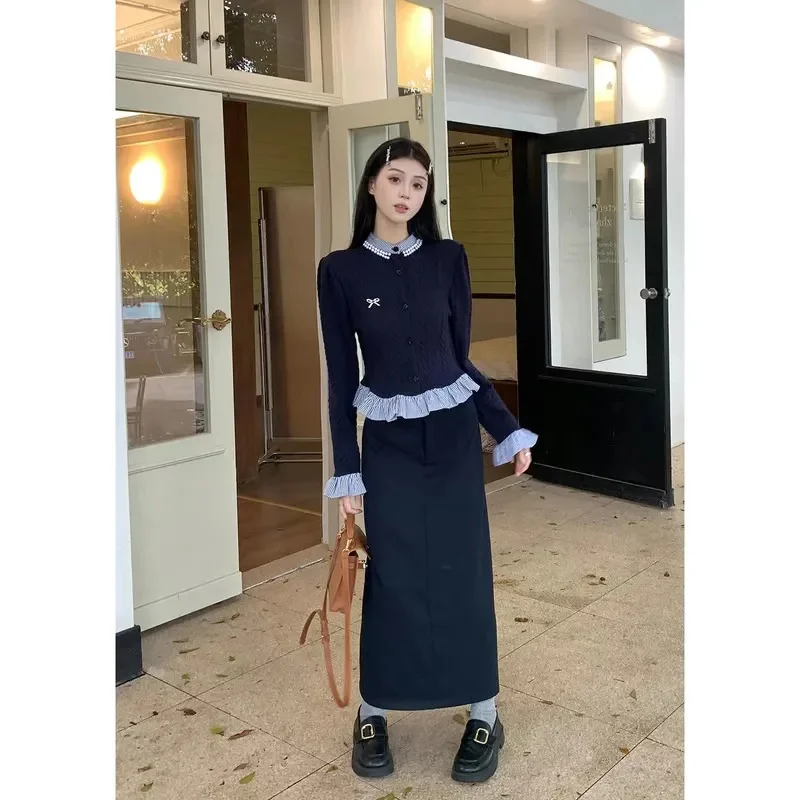 College Style Niche Fake Two-piece Bow Long Sleeved Sweater For Women's Autumn Loose and Slimming Short Knitted Sweater Top