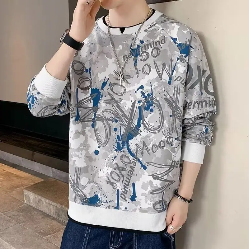 Fashion Printed Spliced Fake Two Pieces Sweatshirts Men\'s Clothing 2024 Spring New Loose All-match Tops Casual Sweatshirts