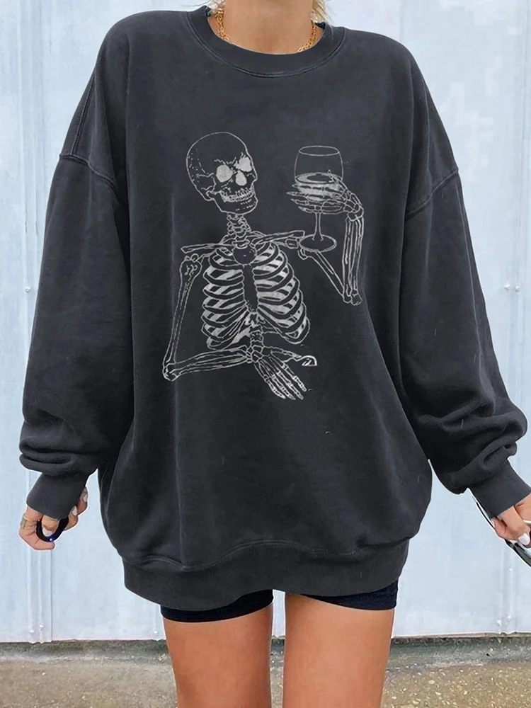 Seeyoushy Never Better Funny Skull Print Women Sweatshirts Drop Shoulder Pullovers Vintage Sweatshirt Casual Harajuku Fun Tops