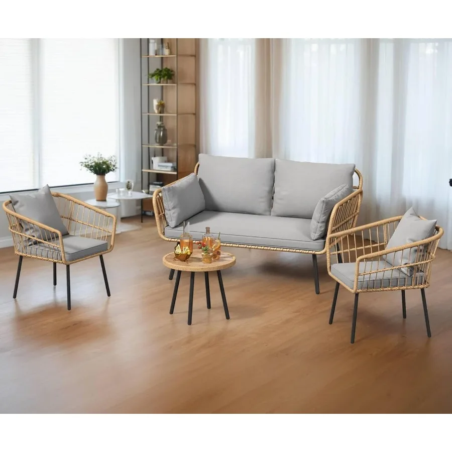 モダンな4人掛けセクショナルソファセット（リビングルーム用）、厚いクッションと一体型サイドテーブル付き、グレー色、広いスペースに最適