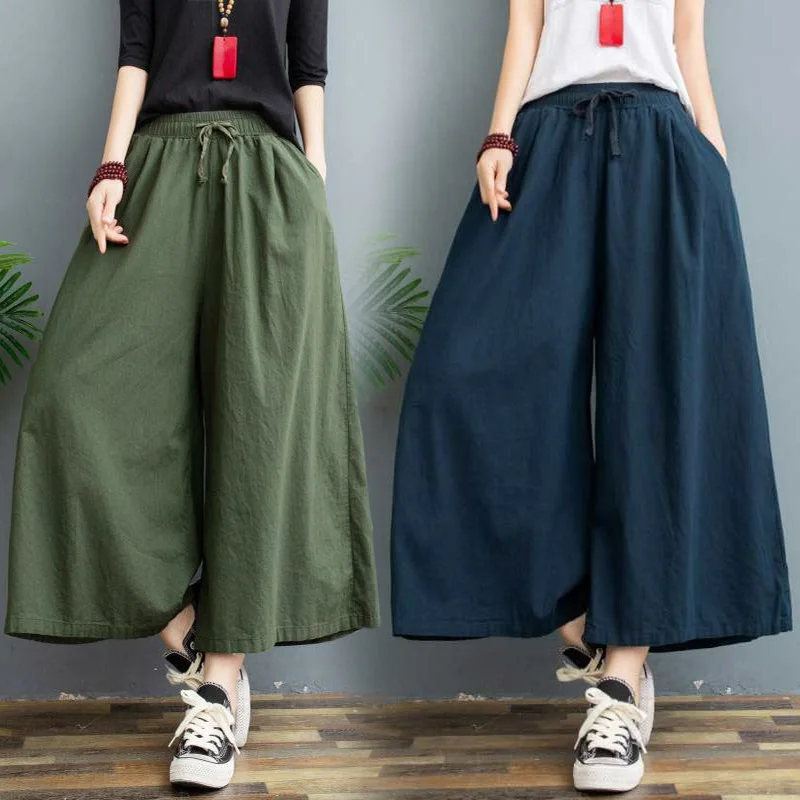 

New Summer Women Cotton Linen Capri Pants High Waist Soft Comfort Oversize Wide Leg Trousers Women White Elegant Casual Pants