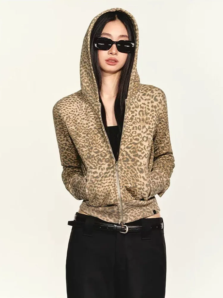 Vintage Leopard Print Hoodie Sweatshirt Women Y2K American Streetwear Slim Zipper Crop Coats Harajuku Spice Girl Punk Outerwears