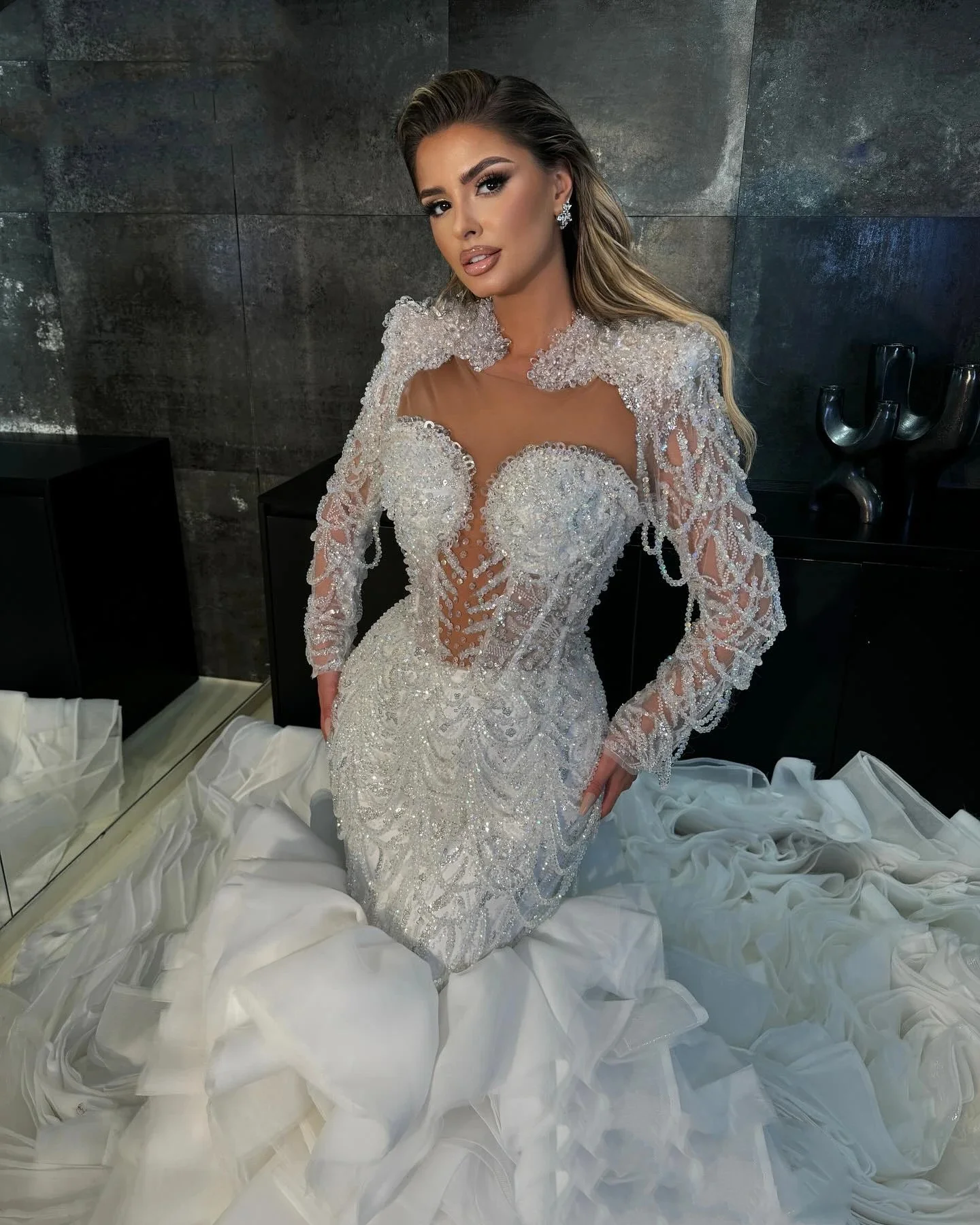 Customized Sheer Neck Sparkly Beads Pearls  Mermaid Wedding Dress Vestidos Noivas Long Sleeves Cascading Ruffles Bridal Gown