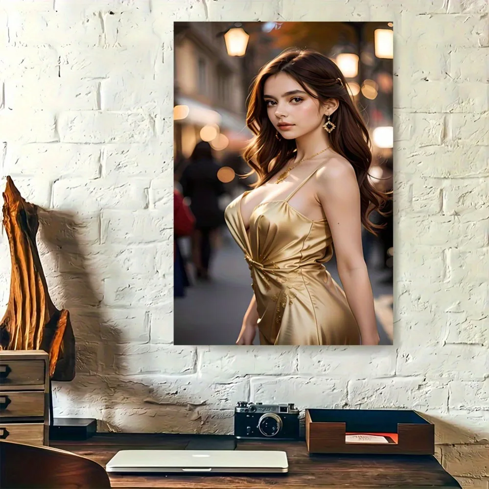 

Vintage tin sign 2D art, elegant lady in gold dress night street scene, vibrant modern retro wall decor poster for living room b