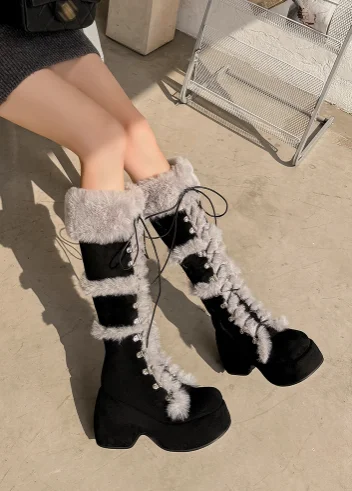 Mixed Colors Round Toe Thick Plush Platform Winter Women Snow Boots Wedges High Heels Lace Up Design Fashion And Warm Shoes