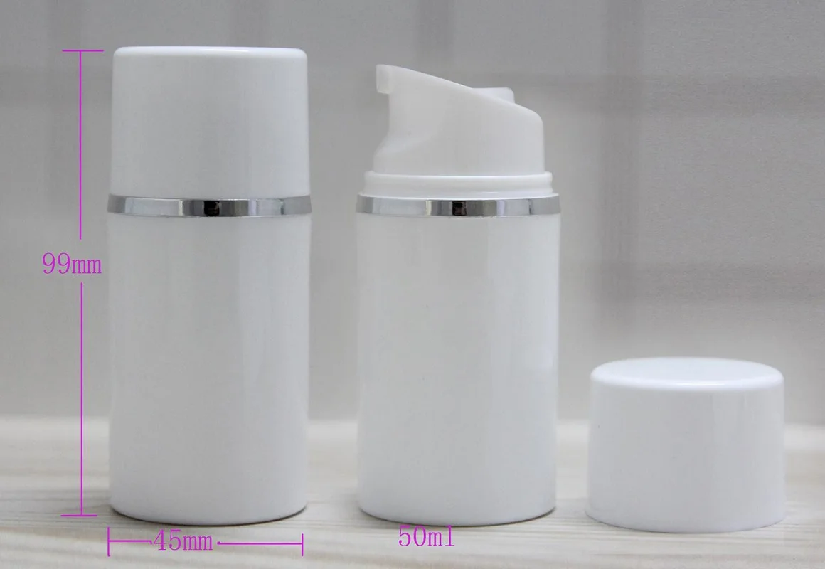

Белая пластиковая безвоздушная бутылка 50 мл с серебряной линией для лосьона/эмульсии/сыворотки/солнцезащитного крема против УФ-лучей/основы для ухода за кожей