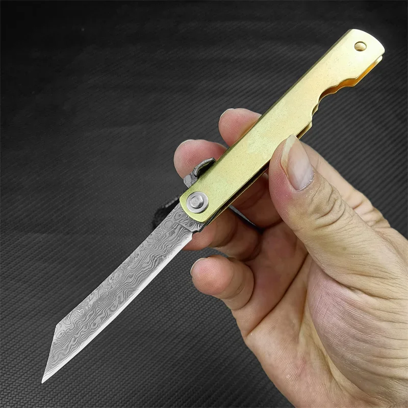 Folding Pocket Knife Damascus Steel Blade Copper Alloy Handle Outdoor Camping Self-defense Slim Suirvival knives with PU Sheath