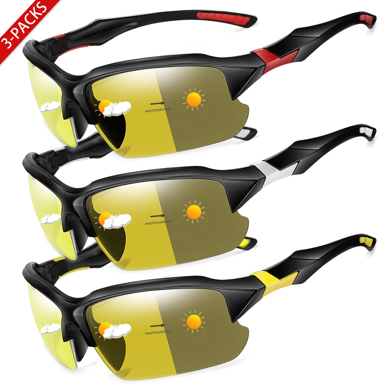 3 Paar photochrome Unisex-Sonnenbrillen für Outdoor-Sportarten, winddicht, rechteckige Brillen zum Wandern, Laufen, Radfahren, Angeln