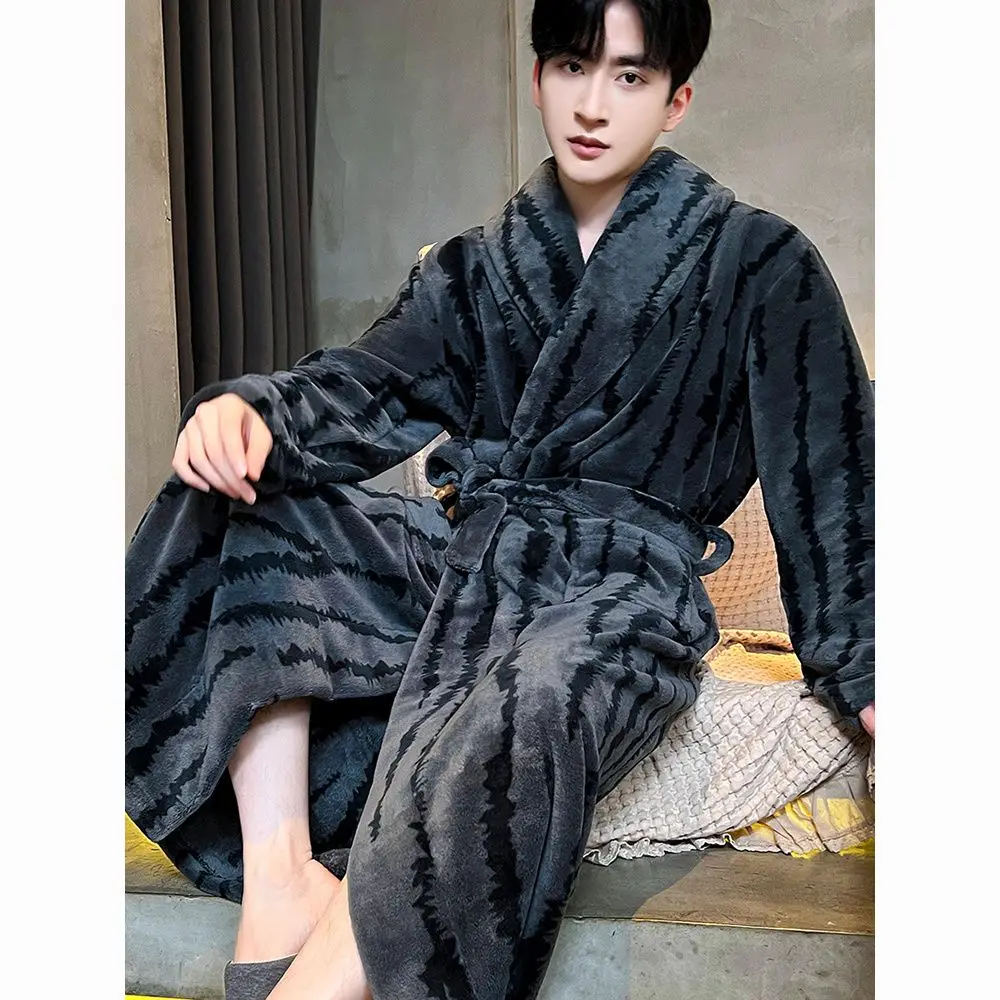 Zebra Stripes Robe for Men Sleepwear Belt Bathrobe Winter Night Wears Warm Fleece Pajama One Piece Nightgown Homewear 2024 New