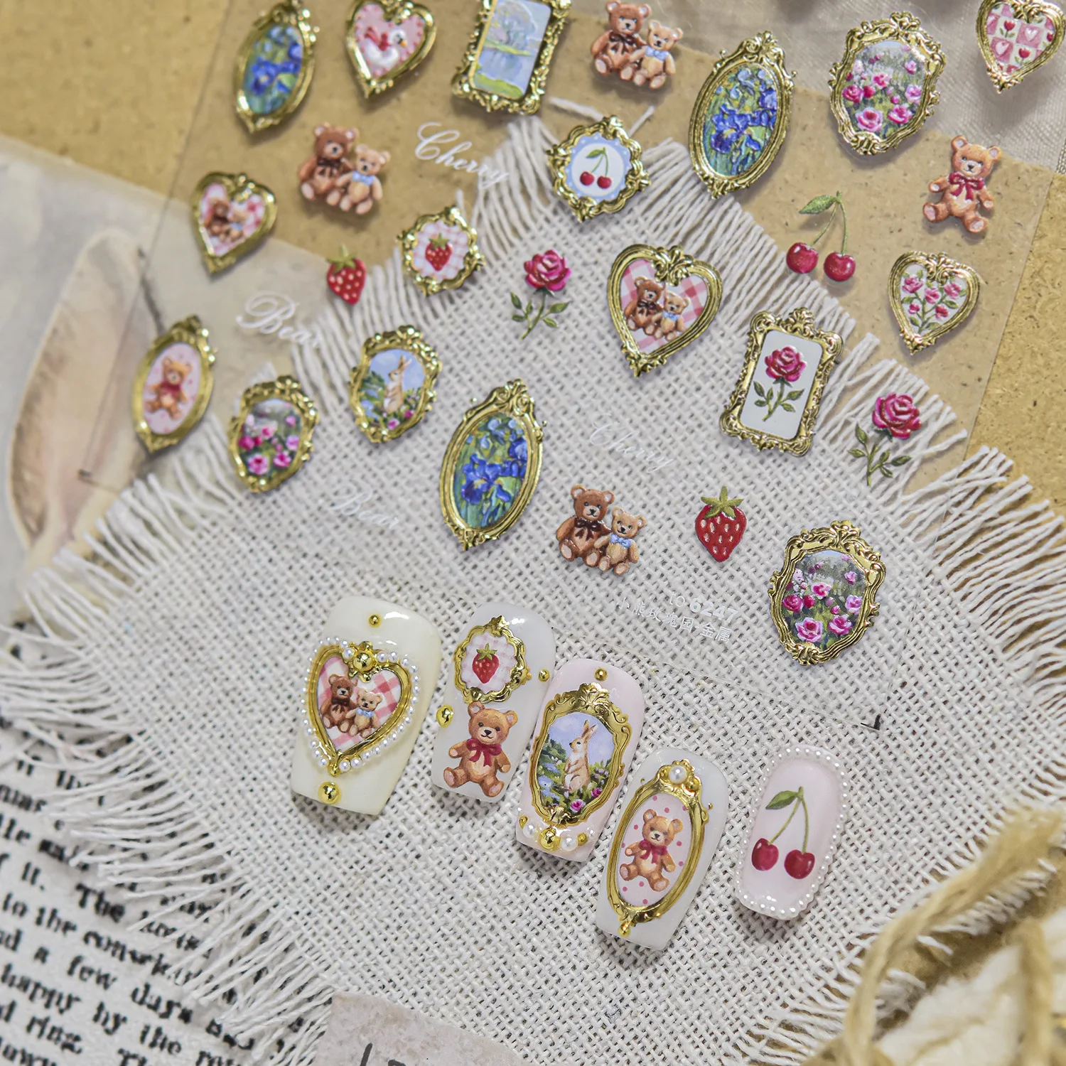 Vintage Cute Teddy Bear Nail Stickers Golden Borders Flower Fruit Nails Design Self Adhesive Nail Decoration Stickers Supply DIY