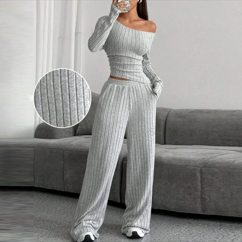 Langarm Top + Elastische Taille Hosen Sport Freizeit 2-stück Sets Herbst frauen Casual Set Einfarbig Sexy Off schulter Abnehmen