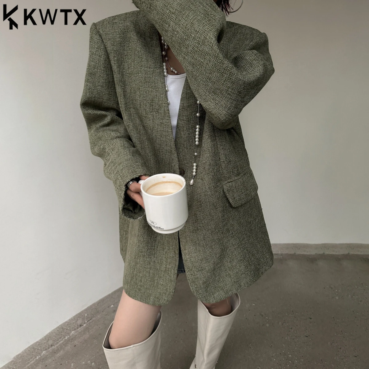 

KWTX 2025 New Women's Casual Solid V-Neck Blazer Single Button Pocket Elegant Retro Luxury Autumn Winter Coat Stylish