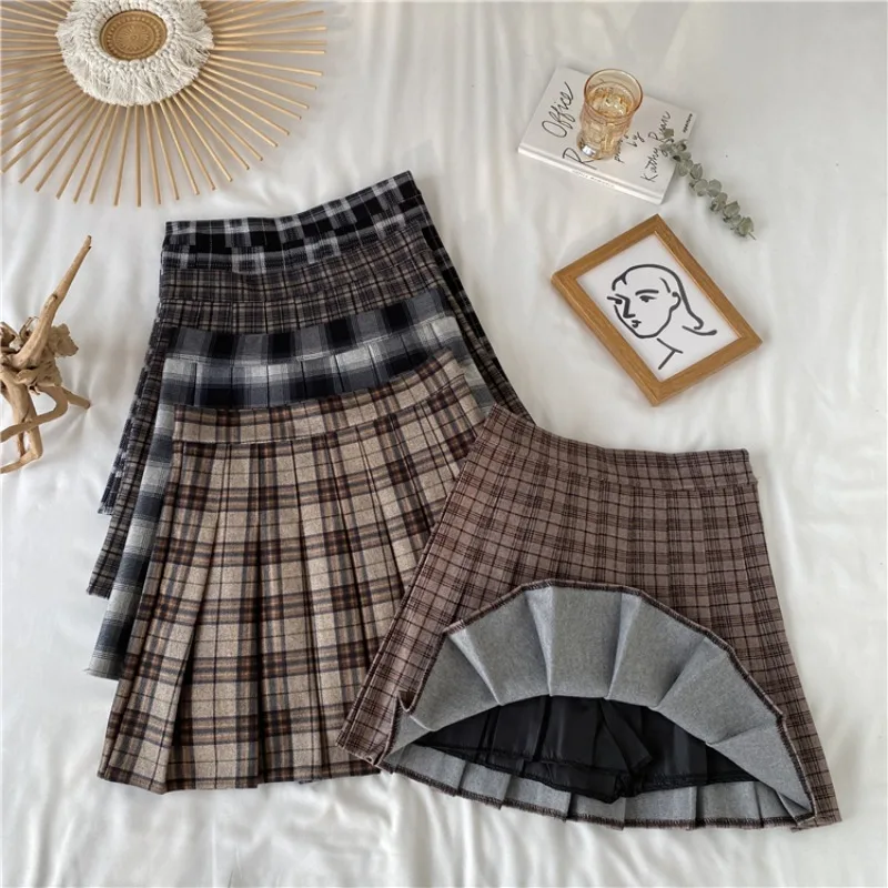 Korean Style Plaid Pleated Skirt Female Spring and Autumn High Waist Thin A-line Short Skirt Student Woolen 2022 NewSummer Skirt