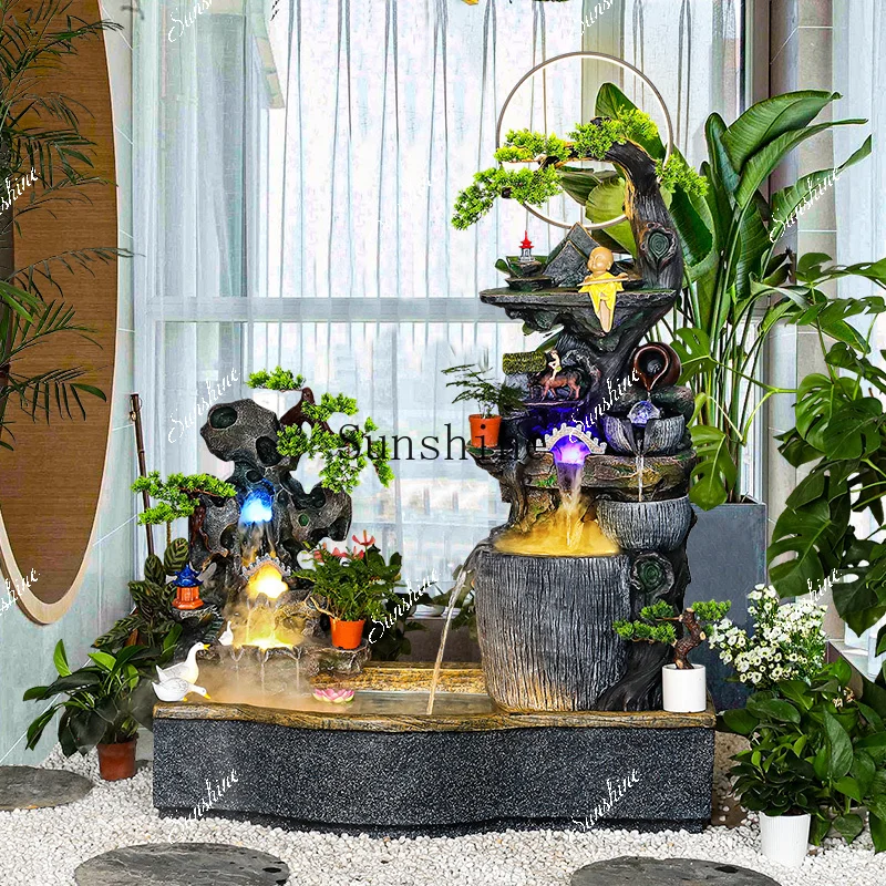 Patio exterior grande de piso a techo, paisajismo de estanque de peces, rocalla, decoración de fuente de agua corriente FT