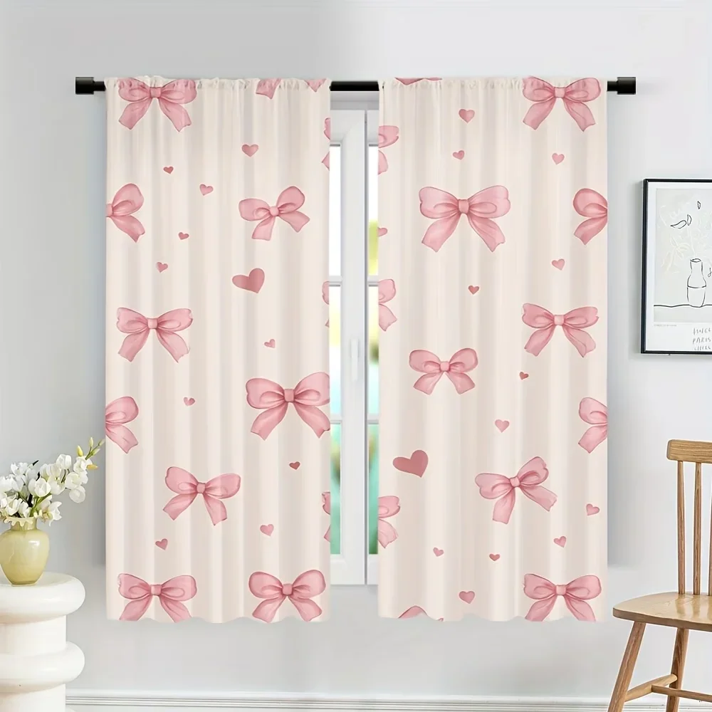 2PCS Digital Printed Curtains, Repeating Bows Pattern Girly Ribbon Print, Window Drapes for Living Room Bedroom Home Decoration