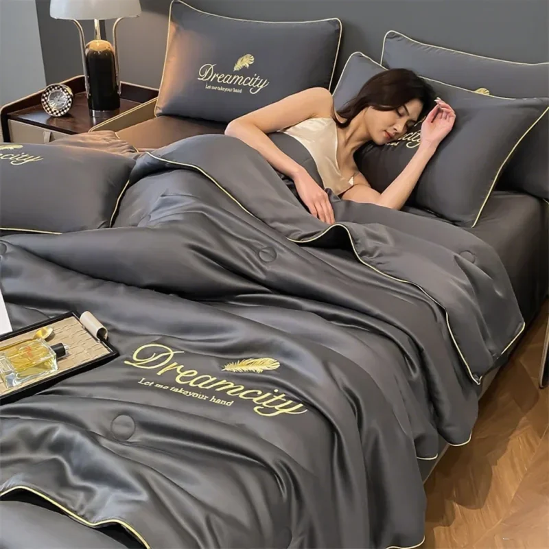 

1pc Light Luxury Soft Cooling Summer Quilt Ice Silk Air-conditioning Embroidery Summer Comforter