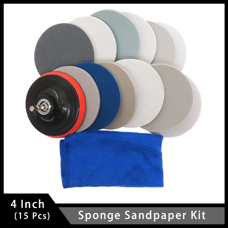 

4 Inch 15 Pcs Sponge Sandpaper Kit with Sanding Discs Backing Pad M10 Drill Adapter for Polishing Glass Plastic Metal and Stone