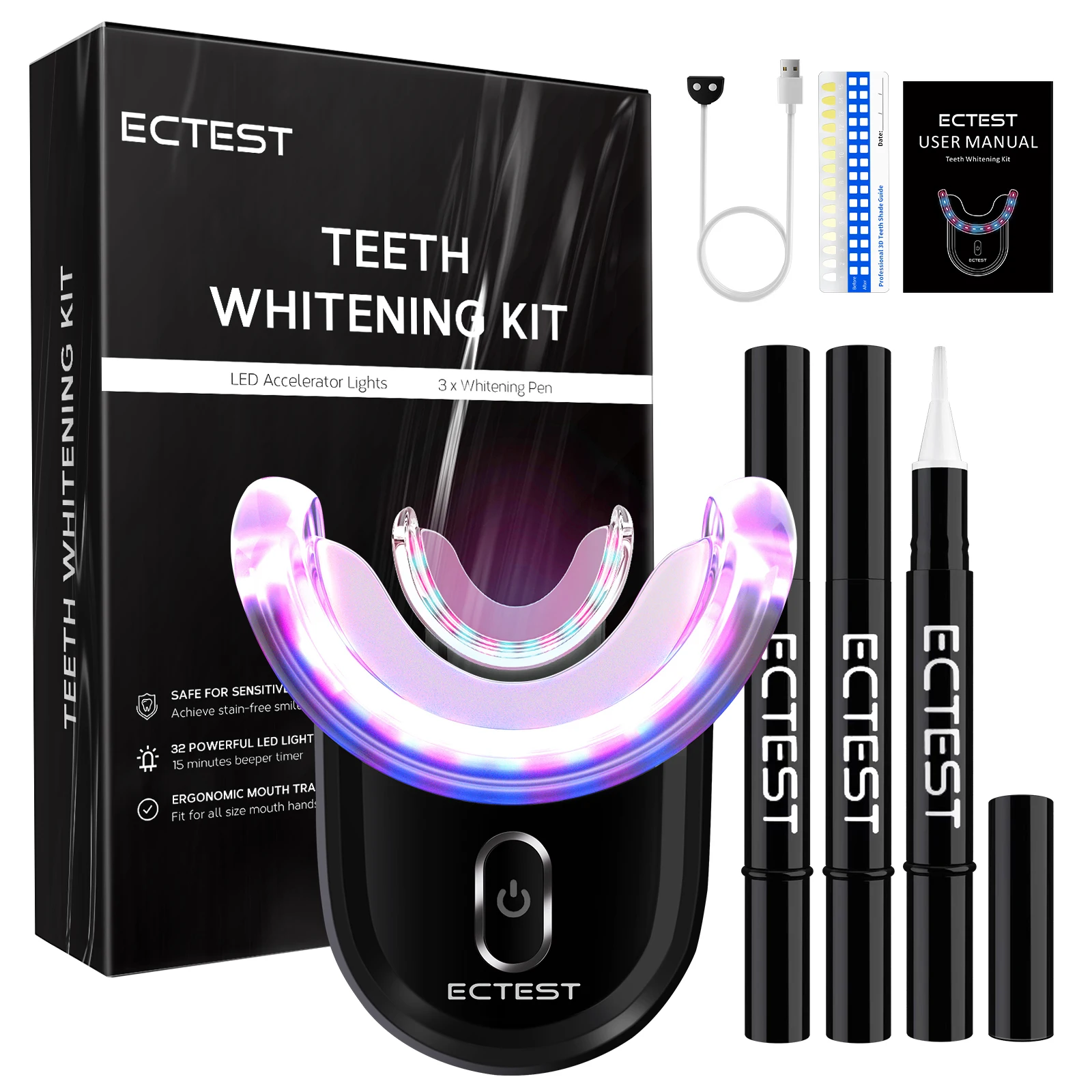 Teeth Whitening Kit with LED Light Specially Formulated for Sensitive Teeth, Gum, Braces Care 32X LED Light Tooth Whitener Tools