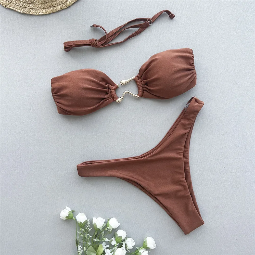 Solid White Triangle Micro Bikini Thong Metal Ring Sexy Swimsuit Women Holiday Ladies Swimwear High Cut Bathing Suit Bikinis Set