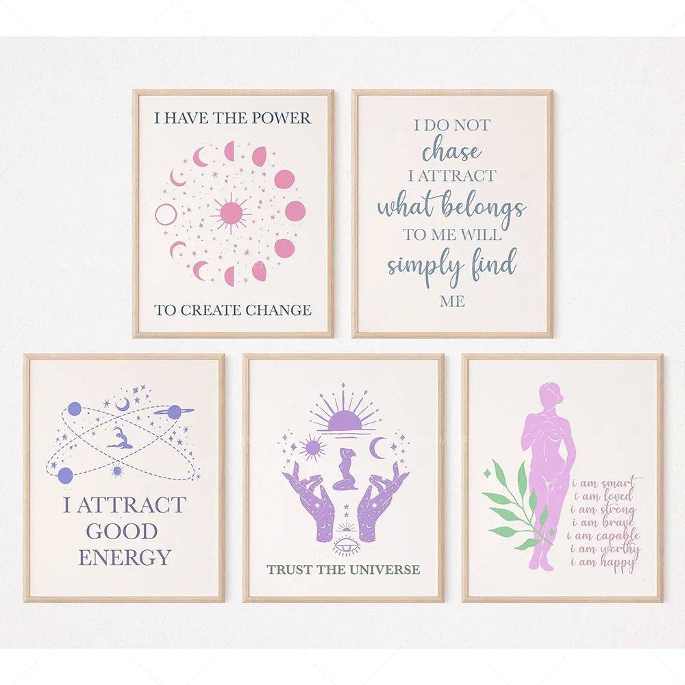 La loi d'attraction, toutes les choses sont bonnes, auto-amour, pleine conscience, thérapie d'auto-soin, boho, affiche décorative esthétique danoise