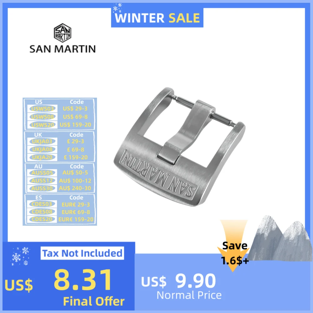 San Martin Watch Clasp 20mm Brushed Logo Pin Buckle 316L Stainless Steel For Watchbands Strap High Quality Replacement Accessory