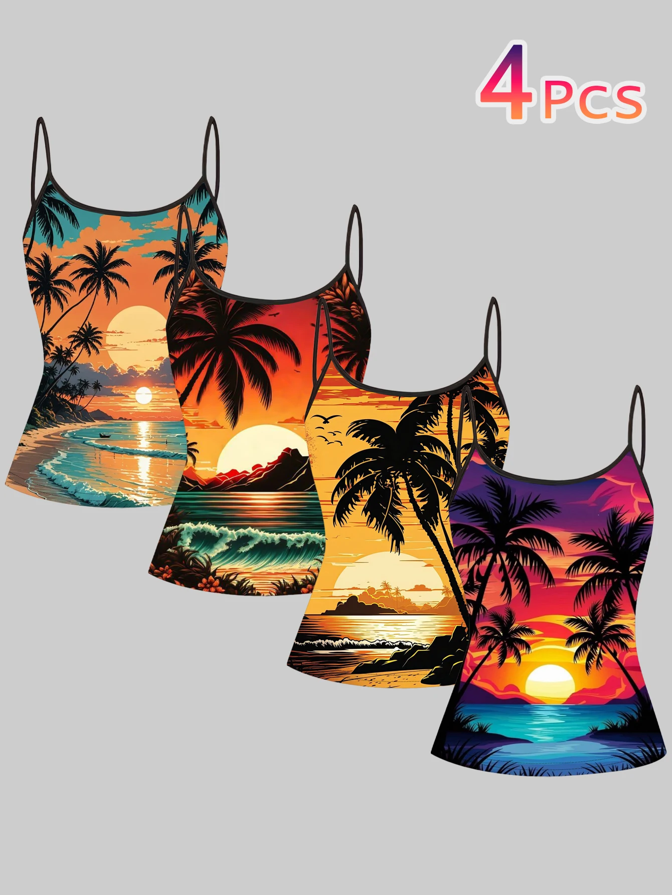 Women's 4-Pack Printed Camisole with Tropical Palm Trees, Seaside Sunset, Waves, and Beach Scenery Design, Slim-Fit, Flattering, Sleeveless Outerwear