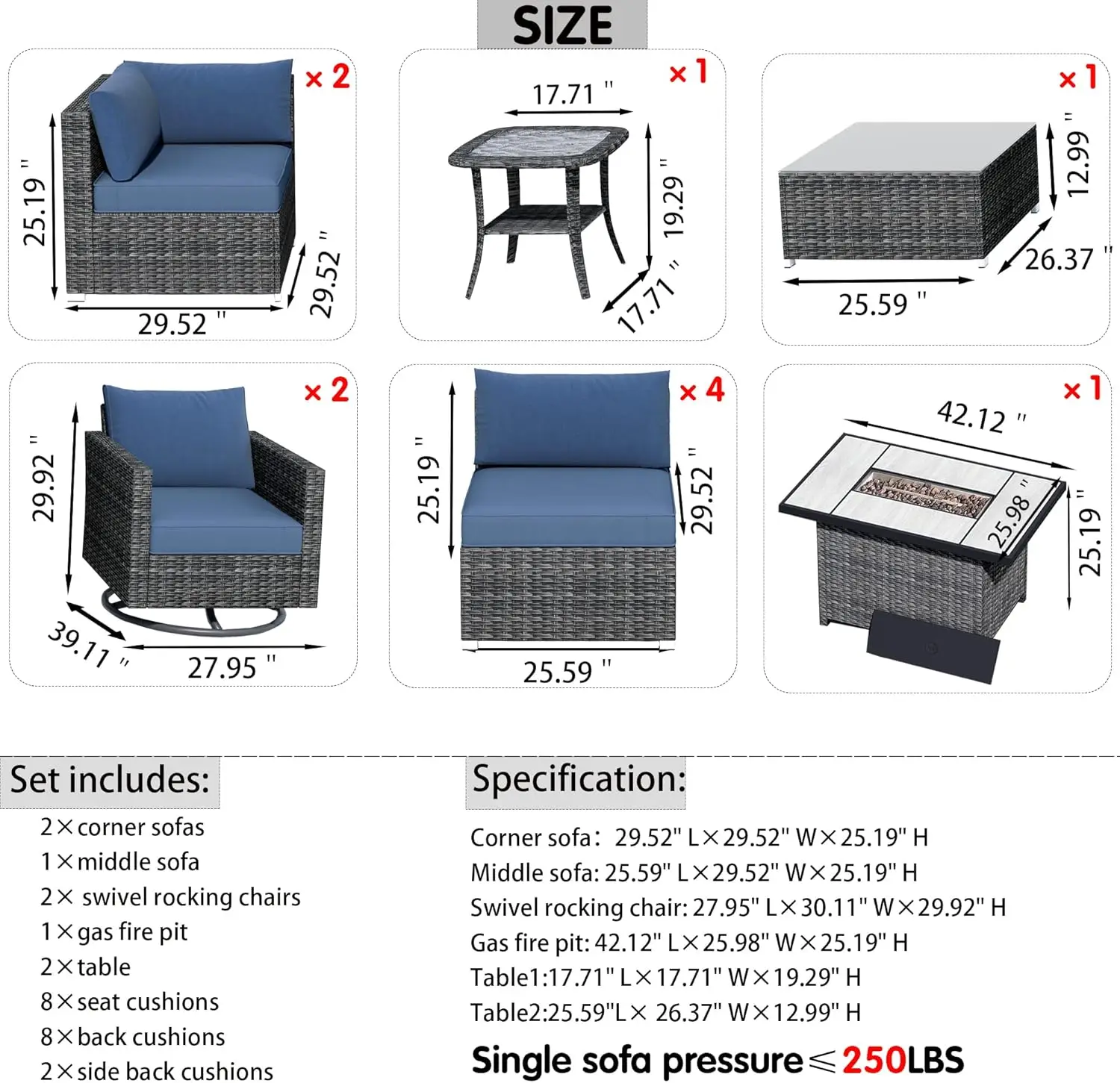 Patio Furniture Outdoor Sectional Sofa Swivel Rocking Chairs, All Weather PE Rattan Wicker Conversation Sets with Fire Pit Table