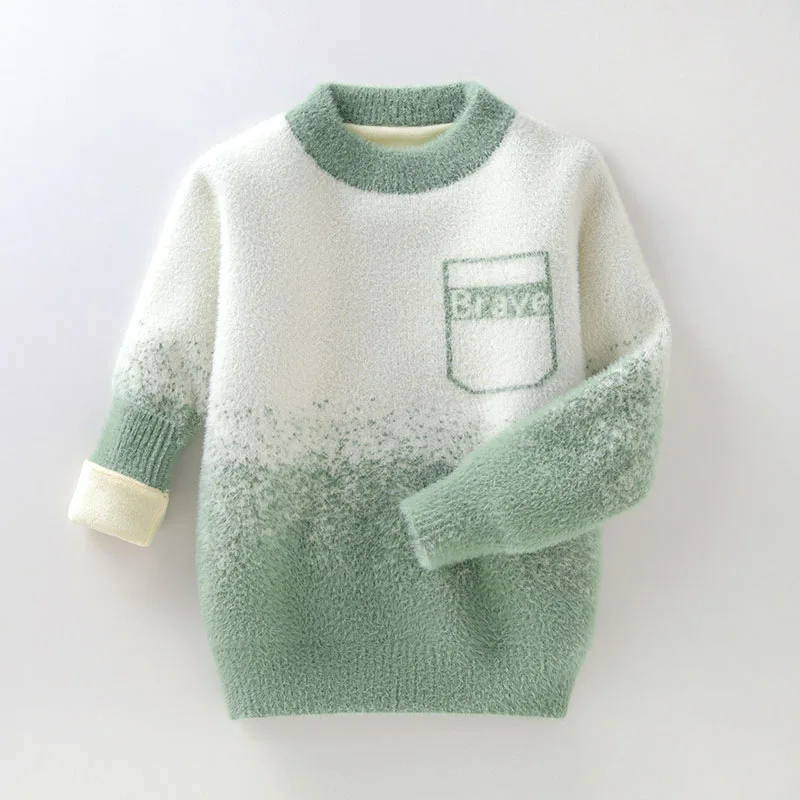 Children\'s Thickend Plush Pullover Sweaters 2023 Autumn Winter New Fluff O-Neck Knitwear Lattice Sweaters for Boys 4-12T