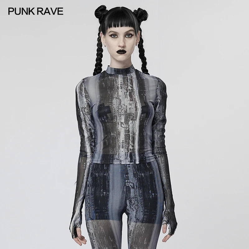 

PUNK RAVE Women's The Post-apocalyptic Techwear Tight Printing Mesh T-shirt Punk Slim Unique Aesthetic Tops Spring Women Clothes